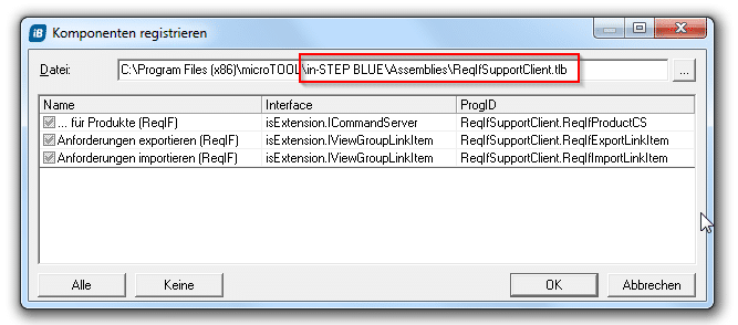 ReqIF-Schnittstelle in in-STEP BLUE - Auswahl der drei Komponenten