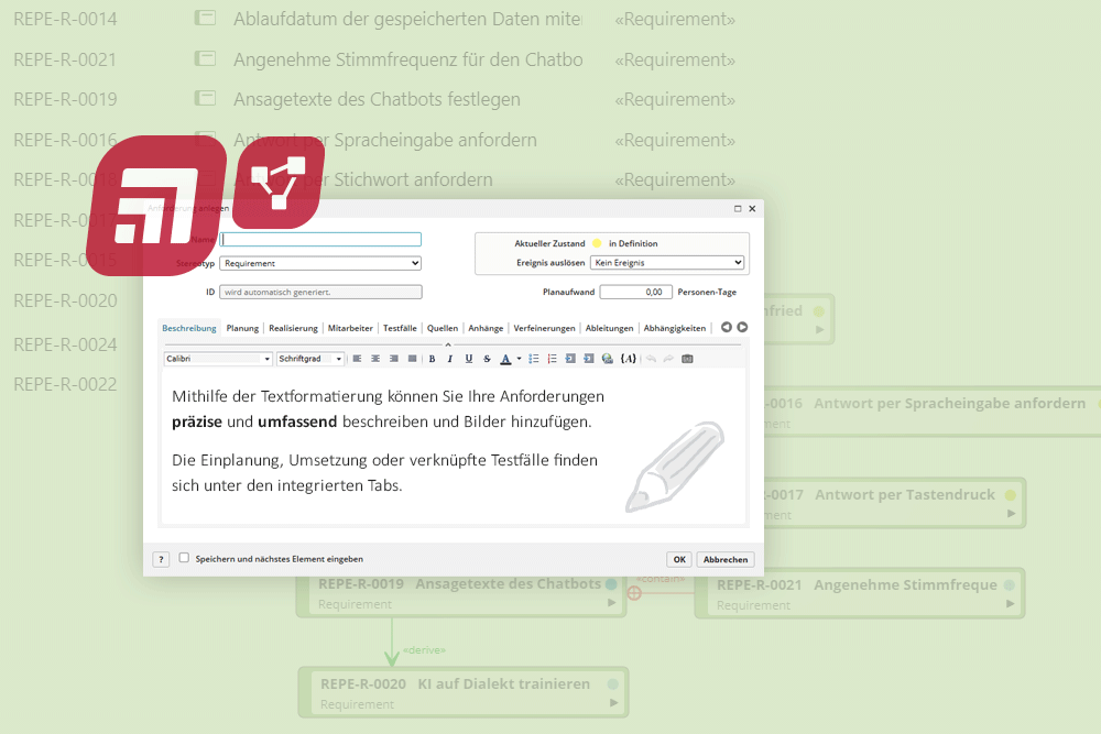 Illustration for Tooltraining Requirements Capture with objectiF RPM and objectiF RM with produckt logos and screenshot of a requirement form