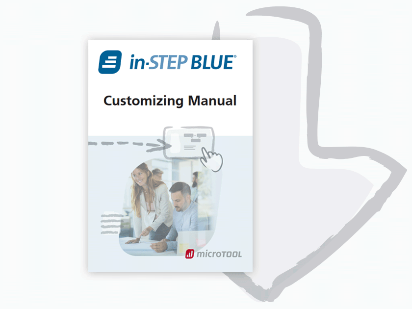 in-STEP BLUE - Customizing Manual Illustration showing a download arrow and title preview for the download page