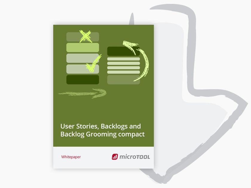 User Stories, Backlogs and Backlog Grooming compact Whitepaper Illustration showing a download arrow and title preview for the download page