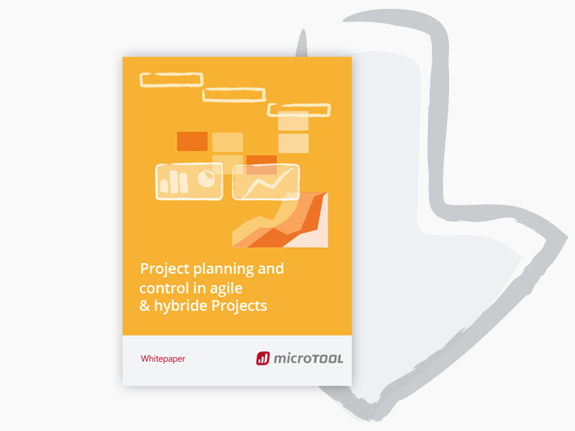 Project planning and control in agile and hybride Projects Whitepaper Illustration showing a download arrow and title preview for the download page