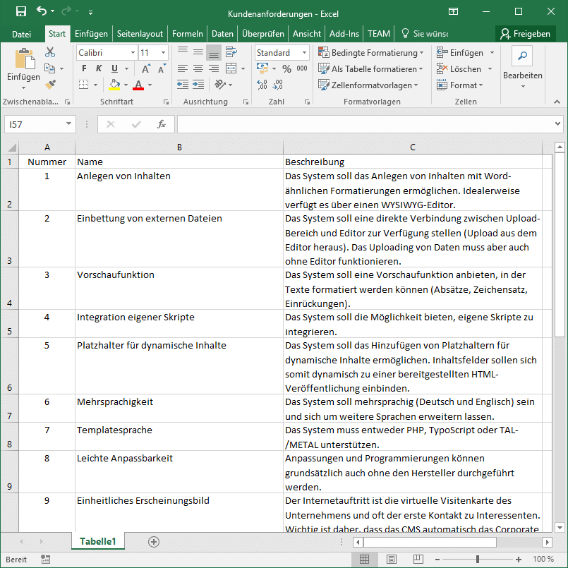 Excel Ausgangsdatei für den Anforderungsimport