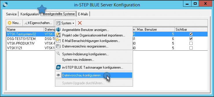 Serverkonfiguration in in-STEP BLUE