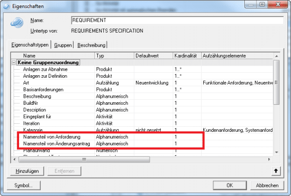Eigenschaften in der Kategorie Requirement definieren