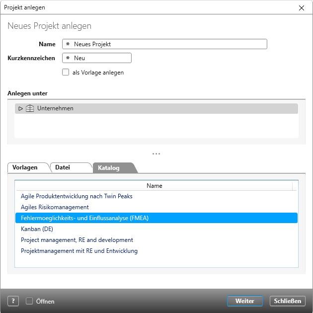 FMEA Projekt in objectiF RPM anlegen