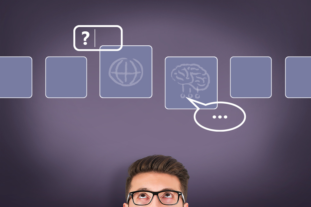 Das Bild zeigt im unteren Bereich den Kopf eines Mannes, der nach oben blickt. Über ihm befindet sich eine Reihe Kacheln mit Symbolen: ein Globus als Zeichen für das Internet und ein stilisiertes Gehirn mit einer Sprechblase, das für künstliche Intelligenz steht. Über der Globus-Kachel ist ein kleineres Feld mit einem Fragezeichen, das eine Suchfunktion andeutet.