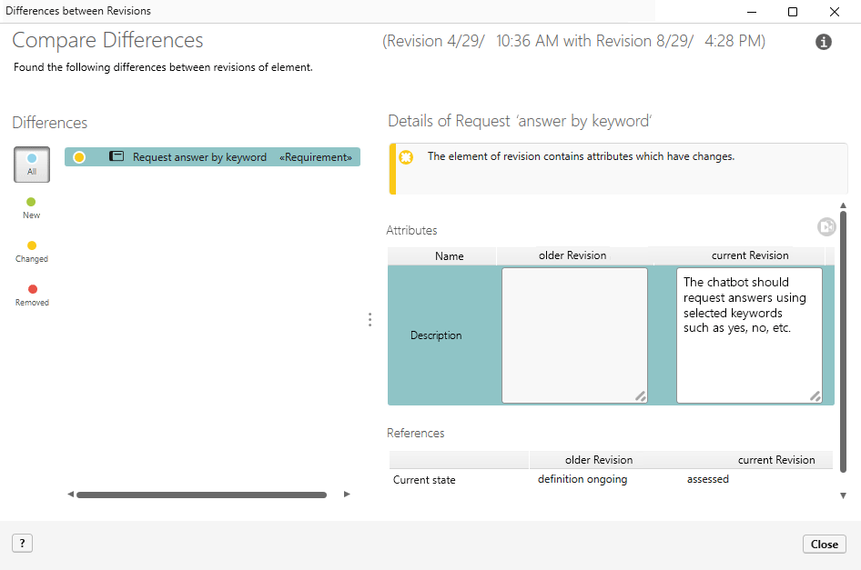 Compare revisions of requirements Compare revisions of requirements in objectiF RPM and objectiF RM