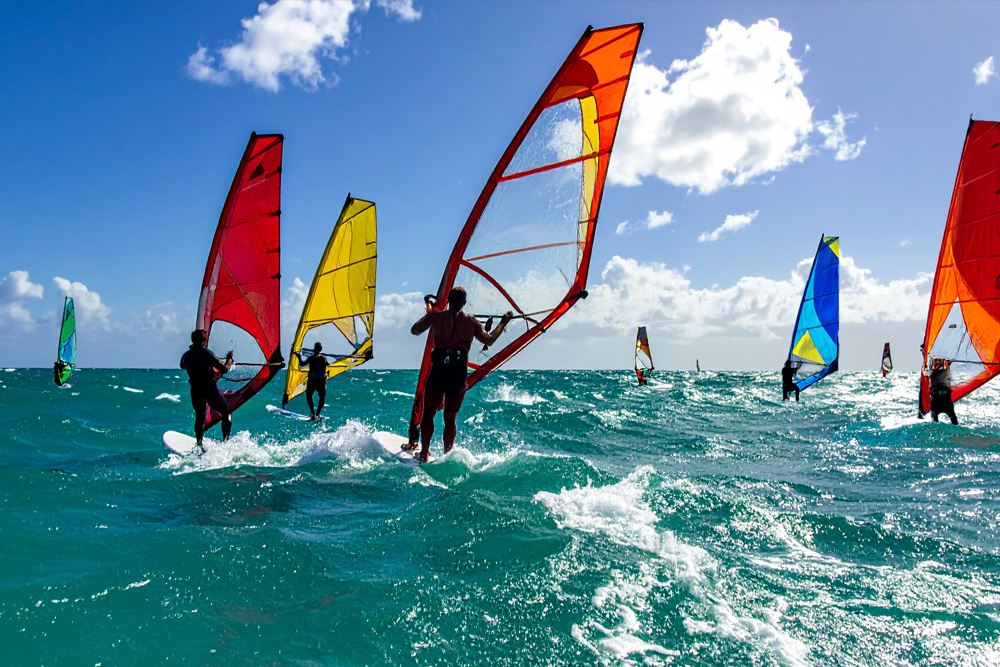 Mehrere Windsurfer mit bunten Segeln gleiten über das türkisfarbene Meer unter blauem Himmel.