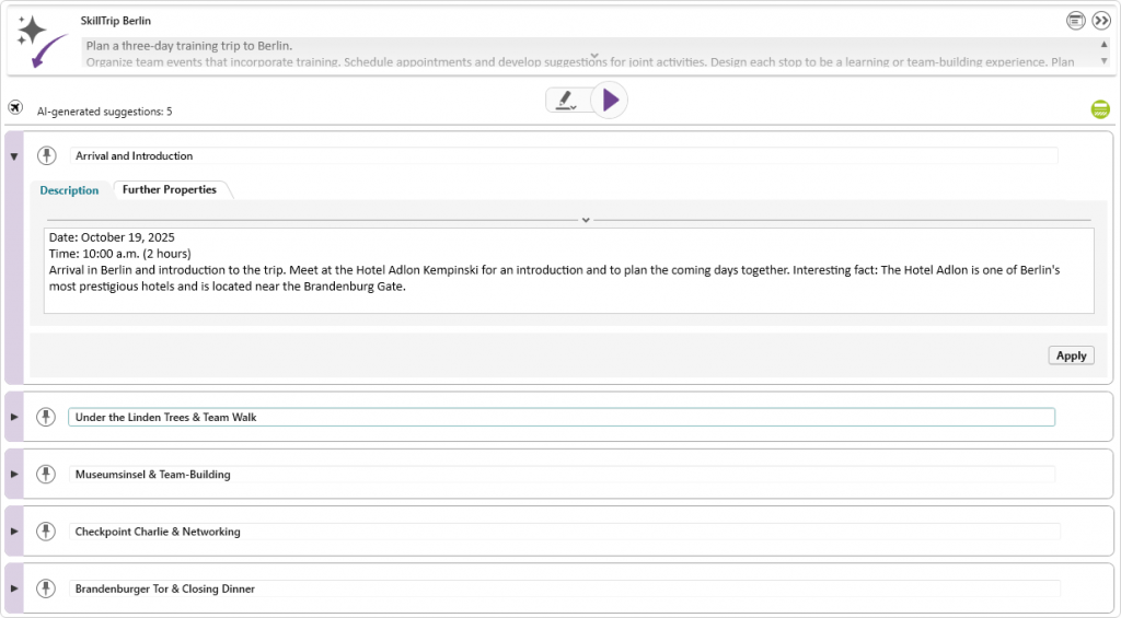 Screenshot of the first plan of the training trip from the AI assistant
