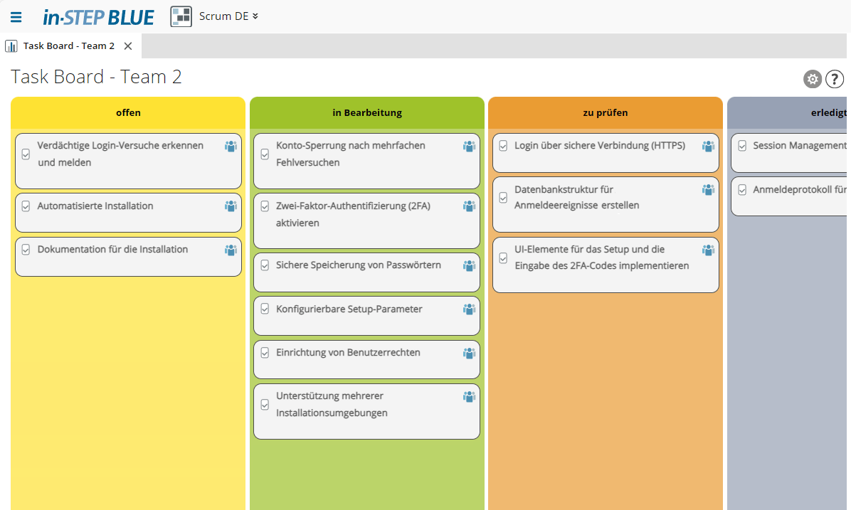 Task Board in-STEP BLUE Scrum Edition Task Board in der in-STEP BLUE Scrum Edition