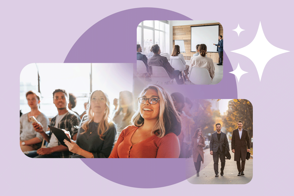 ki-assistent-skill-trip-de Mehrere Gruppen von Menschen bei einer Fortbildung. Teilnehmende hören einem Vortrag zu, lachen und gehen anschließend gemeinsam nach draußen.
