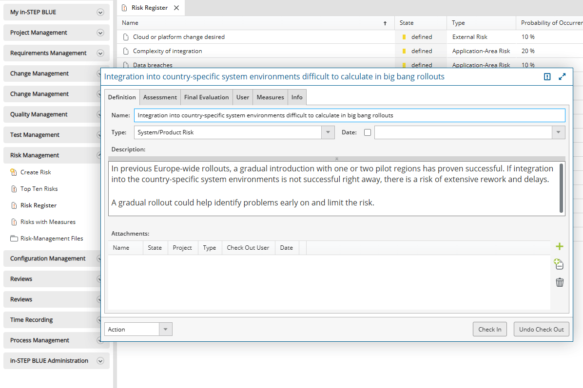Risk form in in-STEP BLUE Risk form in in-STEP BLUE