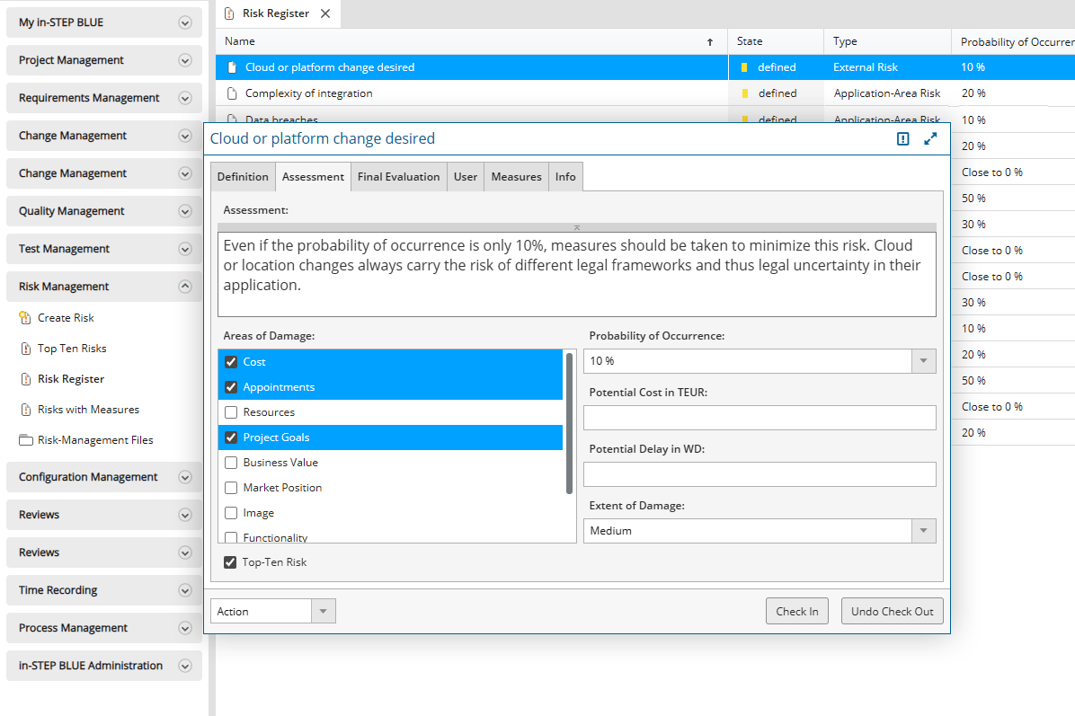 Risk assessment in in-STEP BLUE Risk assessment in in-STEP BLUE