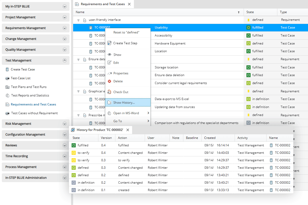 History of a test case in in-STEP BLUE History of a test case in in-STEP BLUE