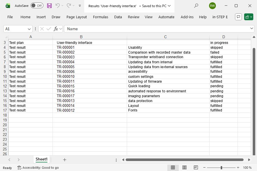 Test results from in-STEP BLUE in MS Excel log Test results from in-STEP BLUE in MS Excel log