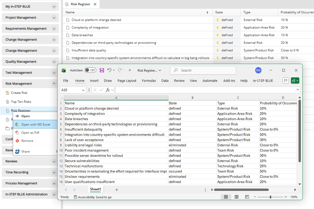 Risk register from in-STEP BLUE in MS Excel Risk register from in-STEP BLUE in MS Excel