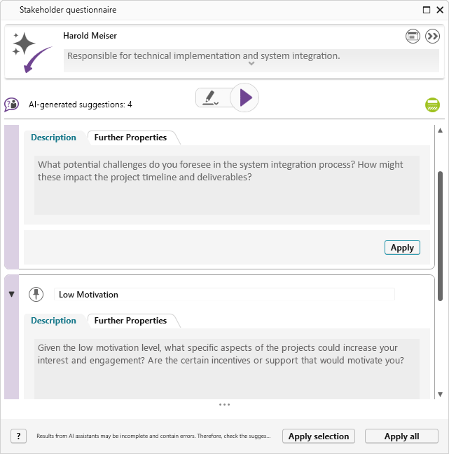 Detailed generated Questions of the AI assistent in objectiF RPM