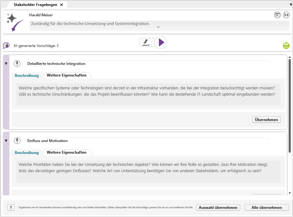 Detaillierte vom KI-Assistent generierte Fragen in objectiF RPM