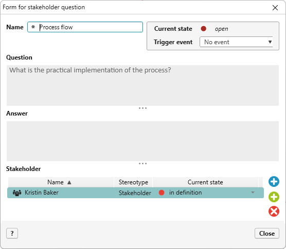 Screenshot of a form for stakeholder questions