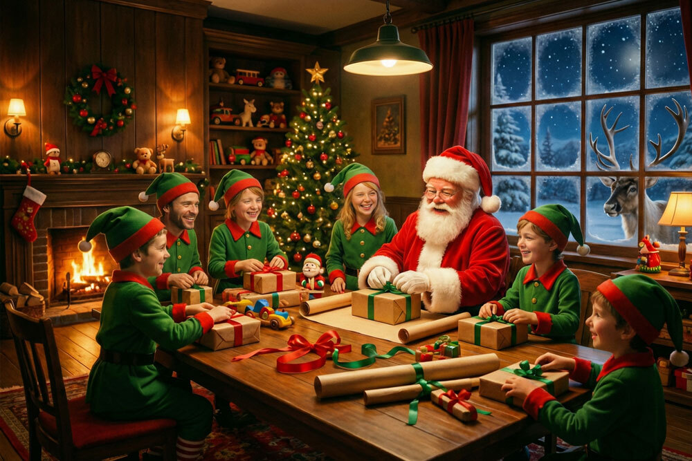 nordpol-25-b Der Weihnachtsmann sitzt mit den Elfen am Tisch und verpackt Geschenke