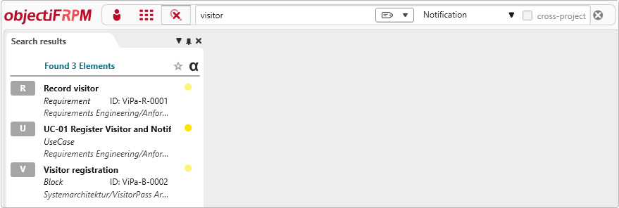full-text search of "notification" shows cross-element results
