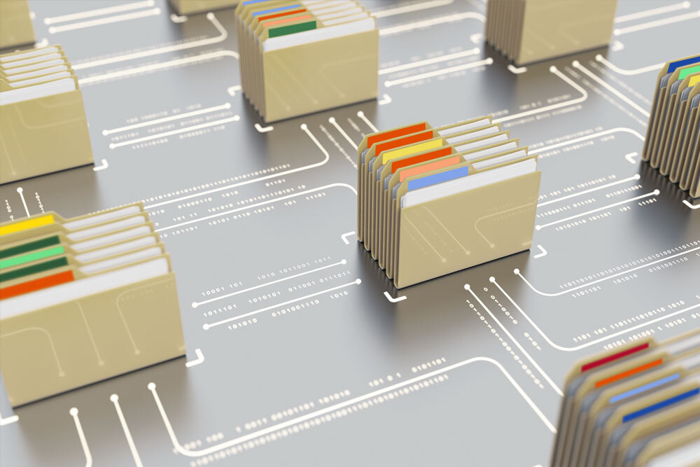 label-b1 verschiedene Ordner mit bunten Labels in einem Schubfach