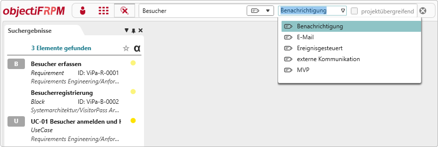 In der Volltextsuche werden elementübergreifend Suchergebnisse für Labels angezeigt