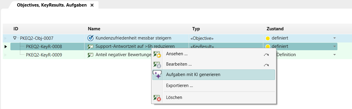 Die Ergebnisse der Key Results vom Objective werden angezeigt.