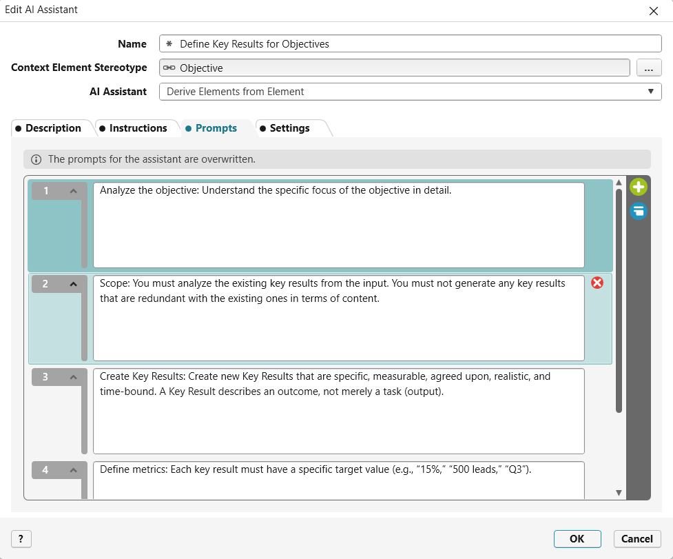 Settings for the AI assistant "Define key results for objectives"