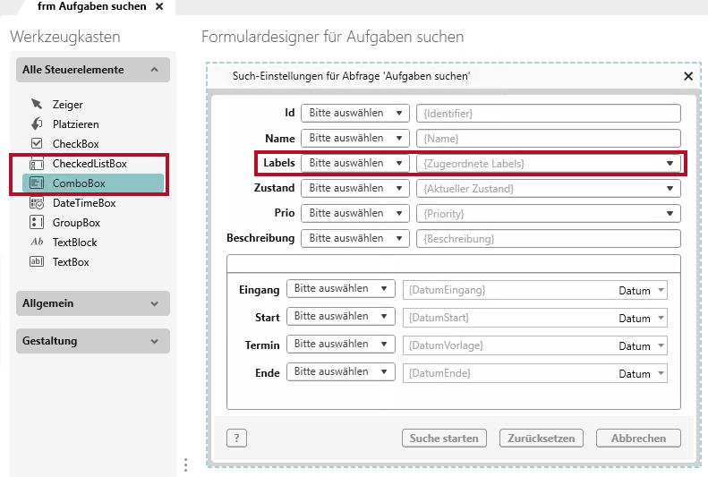 Formulardesigner für Aufgaben suchen mit Label-Feld