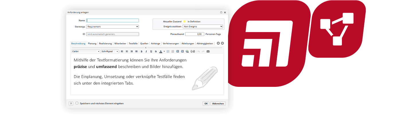 Titelillustration zum Tooltraining Anforderungserfassung mit objectiF RPM und objectiF RM mit den Produktlogos und Screenshot eines Anforderungsformulars