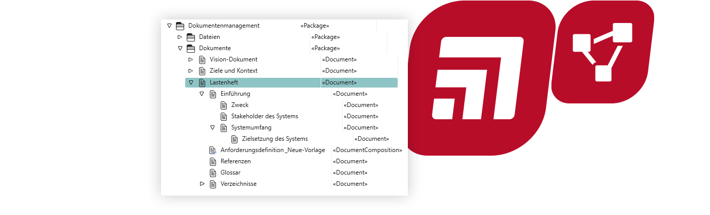 Title illustration for Tooltraining Documentation with objectiF RPM and objectiF RM with the product logos and a screenshot of a structure of document templates