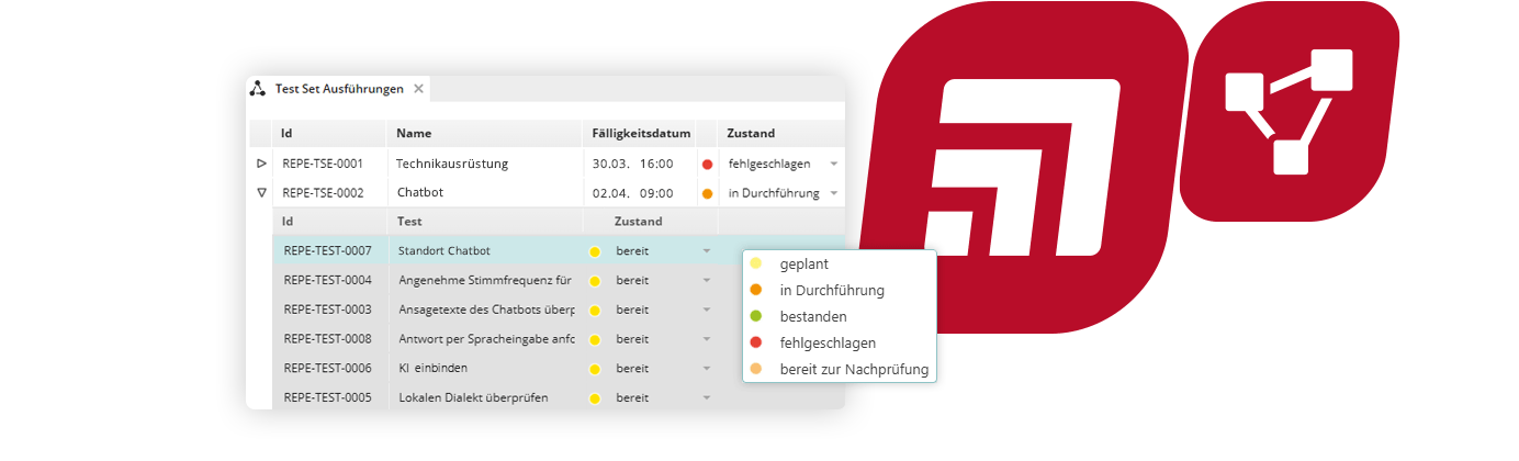 Titelillustration zum Tooltraining Testmanagement mit objectiF RPM und objectiF RM mit den Produktlogos und Screenshot von einer Liste von Test Set Ausführungen