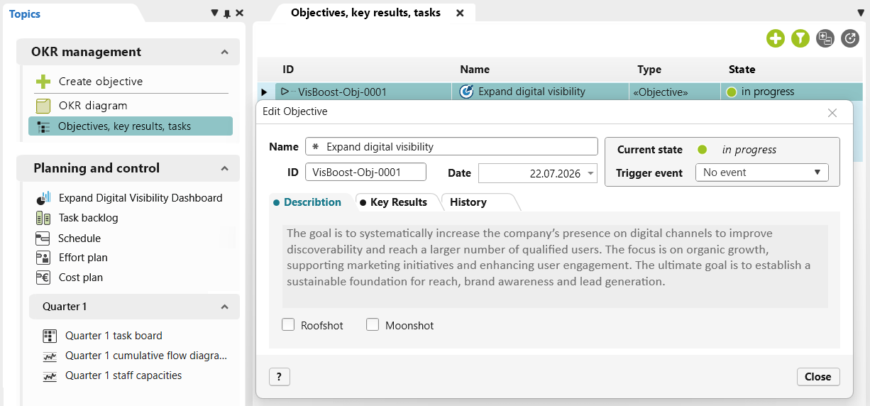 Defining Objectives - The OKR Cycle in the objectiF RPM OKR Project Template Defining Objectives Using a Form - OKR Cycle in the objectiF RPM OKR Project Template