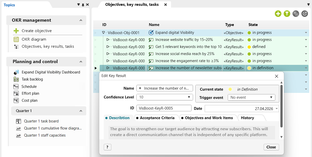 Defining Key Results - The OKR Cycle in objectiF RPM Creating Key Results Using a Form - The OKR Cycle in objectiF RPM