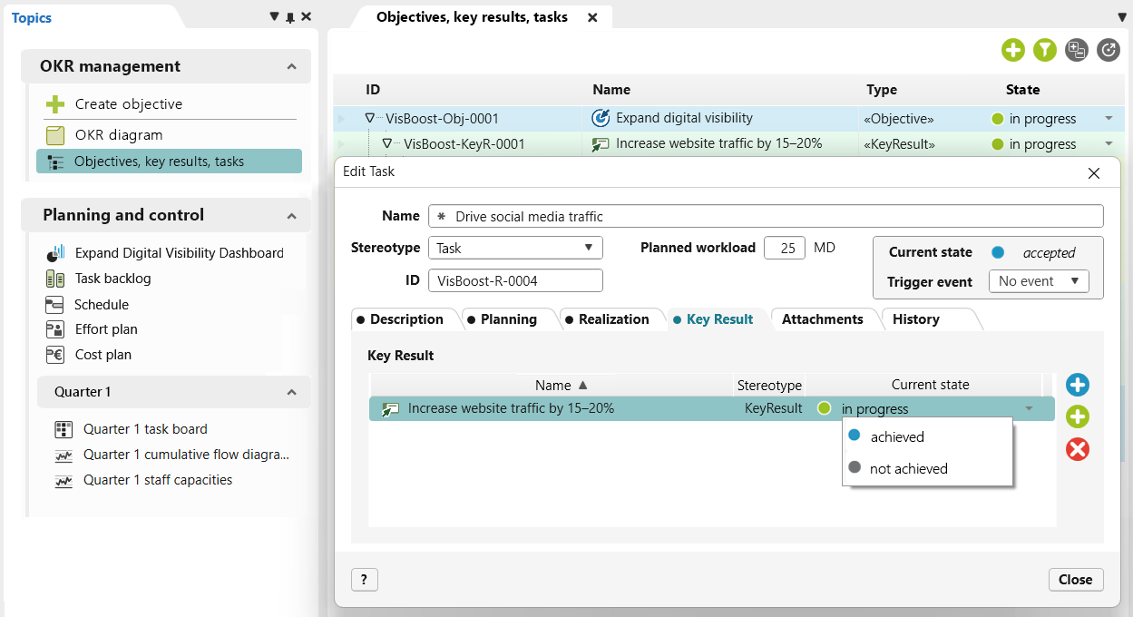 Scoring of Achieved Key Results - OKR Cycle in objectiF RPM Task Form with Evaluation of Implemented Key Results - OKR Cycle in objectiF RPM