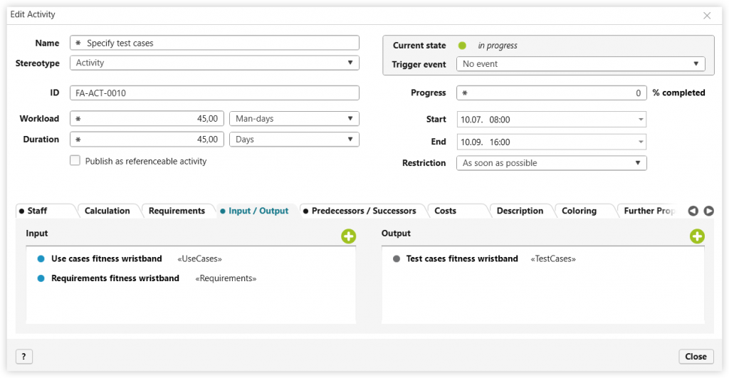 dialog to edit the activity, with input: requirements and use cases and output: test cases to specify test cases.