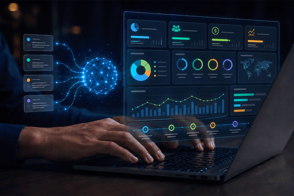 ki-assistenten-projektmanagement_microtool-blog-b Hände an einem Laptop, daneben eine vernetzte KI-Grafik und ein digitales Dashboard mit Diagrammen und Kennzahlen zur projektbezogenen Datenanalyse.
