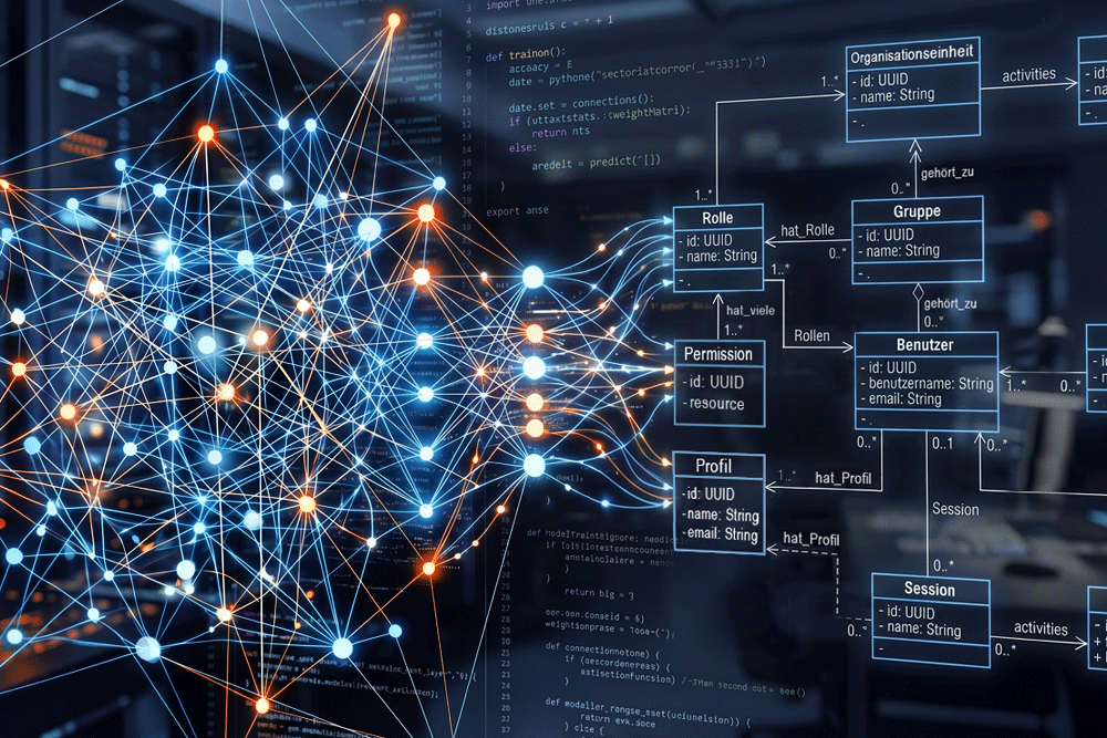 KI-Netzwerk versus UML-Struktur Ein angedeutetes KI-Netzwerk, welches fließend in ein strukturiertes UML-Klassendiagramm übergeht
