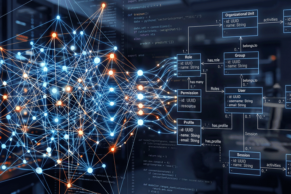 AI Network vs. UML Structure A sketched AI network that flows seamlessly into a structured UML class diagram