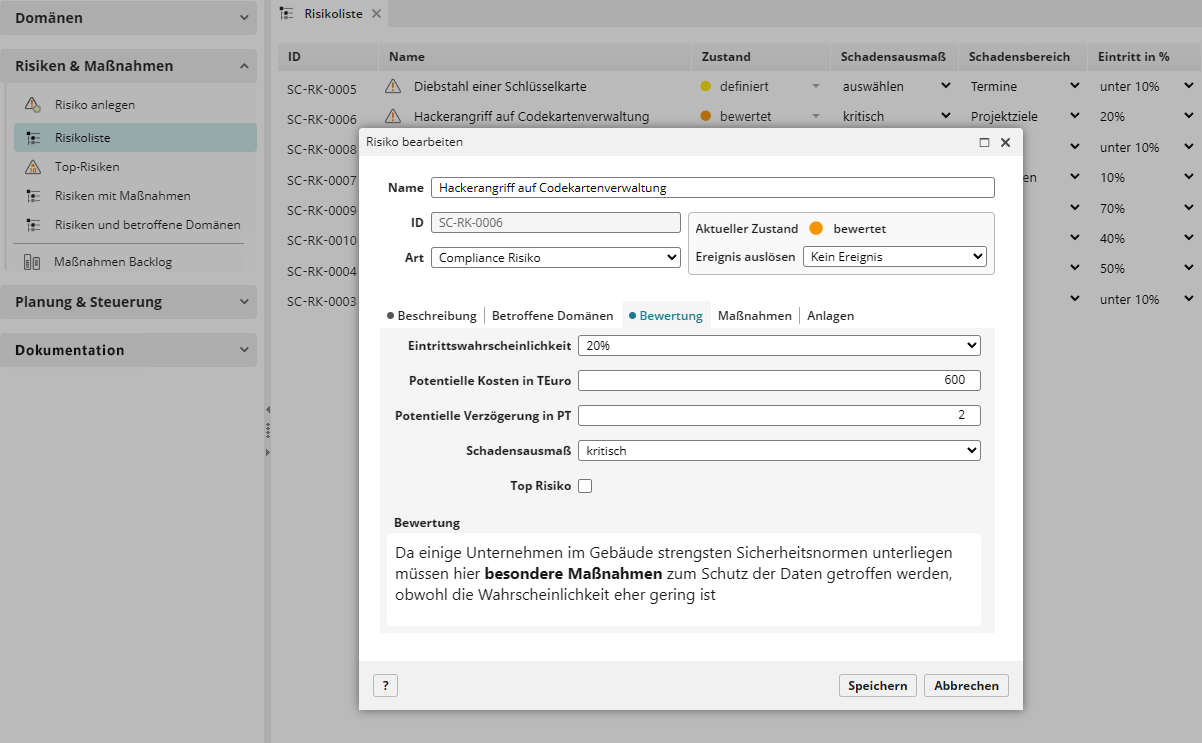 Bewertungsdialog in objectiF RPM Agiles Risikomanagement - Bewertungsdialog