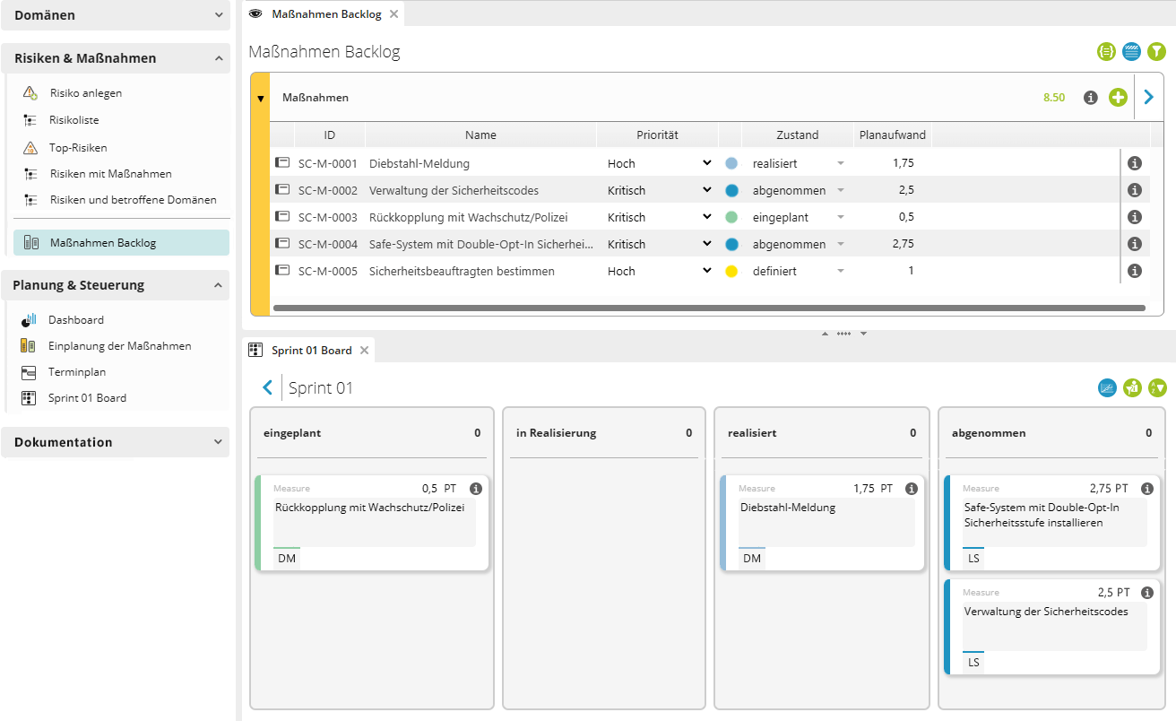 Maßnahmen und Kanbanboard in objectiF RPM Agiles Risikomanagement - Backlog mit Maßnahmen und Kanbanboard