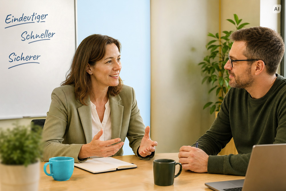 Stakeholder-Interview (Symbolbild mit KI-Unterstützung) Zwei Personen sitzen am Tisch und unterhalten sich angeregt.